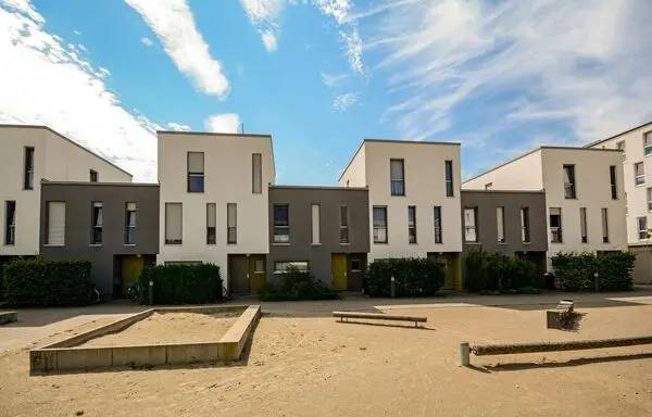 A row of houses on the sand near trees.