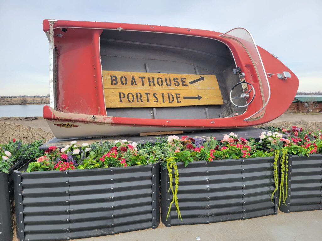 A boat with a sign on it's side