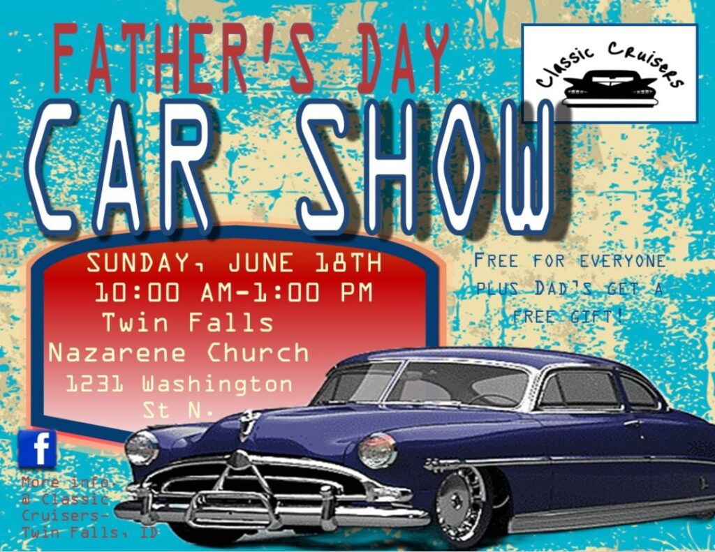 A car show poster with an old blue car.