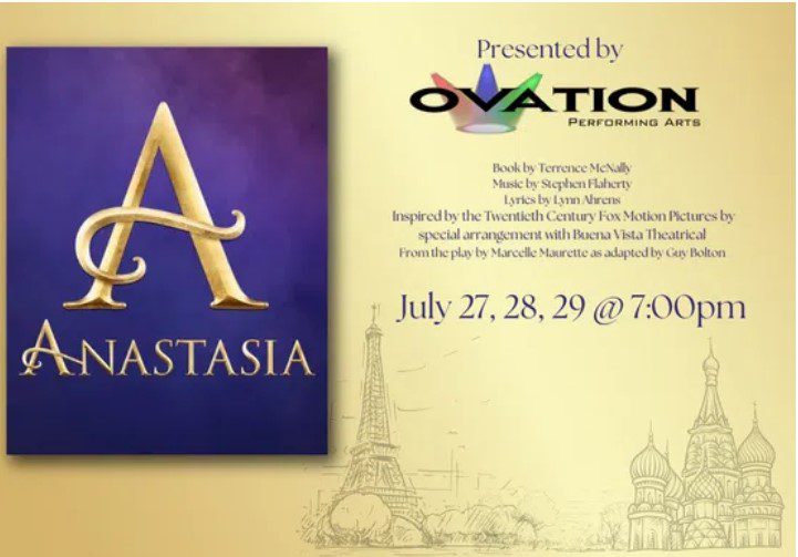 A poster for anastasia, with the words " anastasia " in front of an eiffel tower.