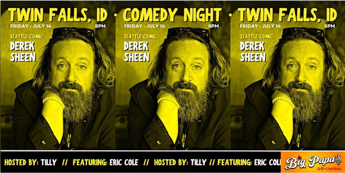 A poster of derek sheen and his comedy night.