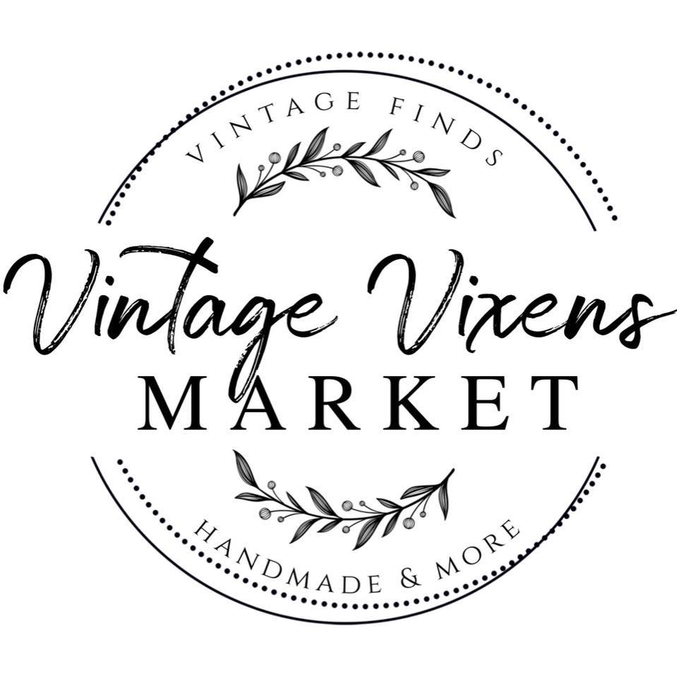 A black and white logo for the vintage vixens market.